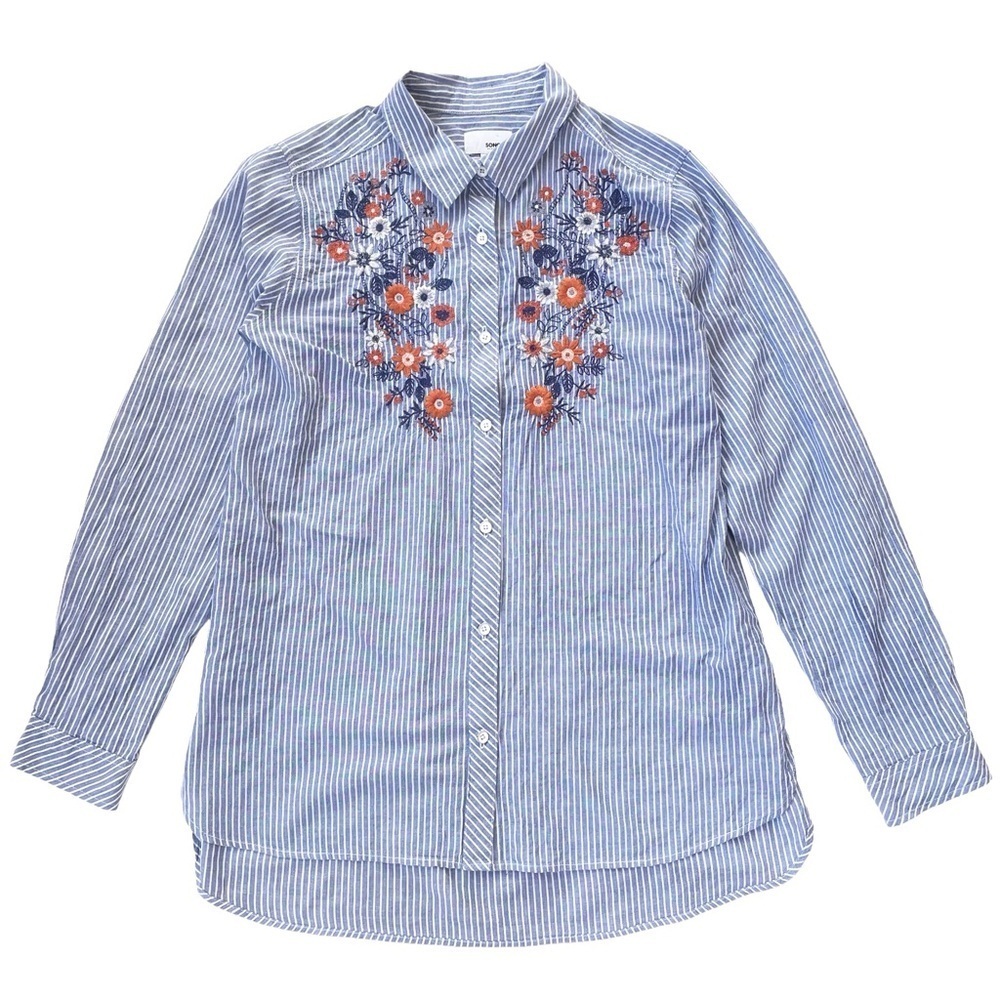 Sonoma Blue & White Striped Shirt, Flower Embroidery, Long Sleeve, Sz Medium